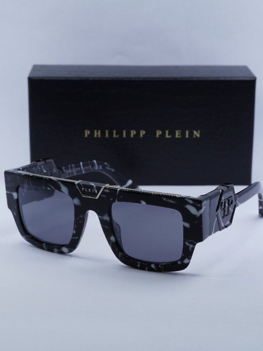 Philipp Plein SPP092M Z21G Rectangle Sunglasses - Marbled Black / Grey